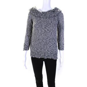 Roi Womens Black White Textured Off Shoulder Pullover Sweater Top Size S